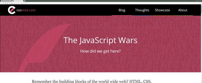 Screenshot of the CSSence.com Javascript Wars article header on a large display.