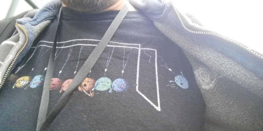 Wearing a shirt with planets on it. How fitting.