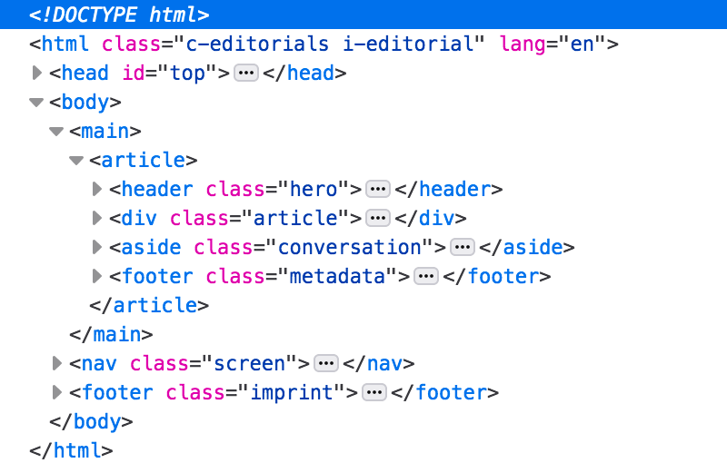 The Inspector tab of Firefox’s developer tools, with some elements inside document body expanded.