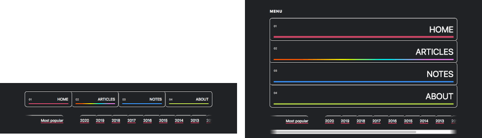 Comparing the site’s navigation in regular and expanded state.
