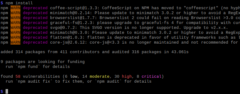 Running `npm install` in the console, you often end up with lots of warnings. And in this particular screenshot, the packages used come with 58 vulnerabilities (6 low, 14 moderate, 30 high, 8 critical).