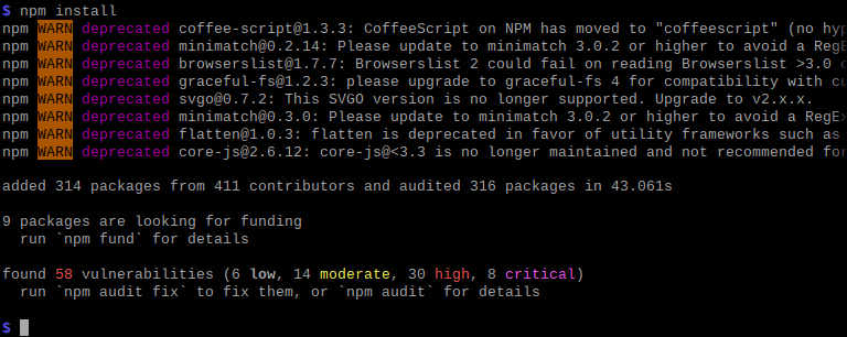 Running `npm install` in the console, you often end up with lots of warnings. And in this particular screenshot, the packages used come with 58 vulnerabilities (6 low, 14 moderate, 30 high, 8 critical).