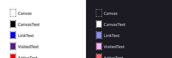 The same list of system colors twice, light on dark on the left, and dark on light on the right.