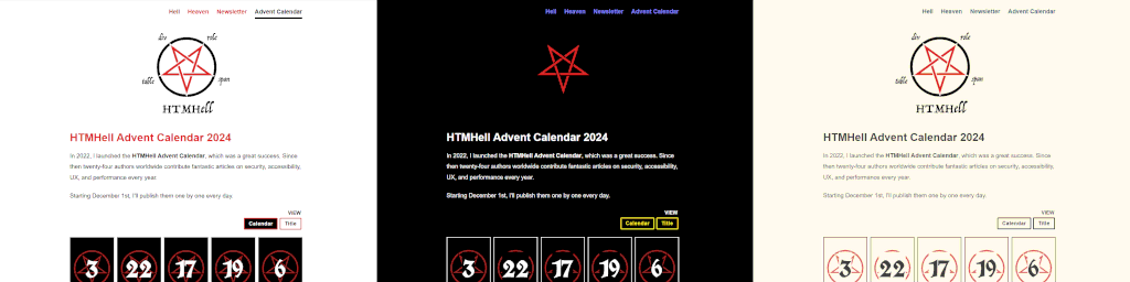 Comparing HTMHell.dev: Three screenshots taken in Microsoft Edge browser. Although subtle tweaks could be made, overall the site works really well in Forced Colors Mode.