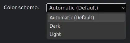 A color scheme switcher; its dropdown shows entries named ‘Automatic (Default)’, ‘Dark’ and ‘Light’.
